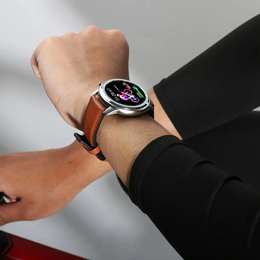 LEMFO LF26 black smart bracelet with 1.3-inch touchscreen on a wrist.