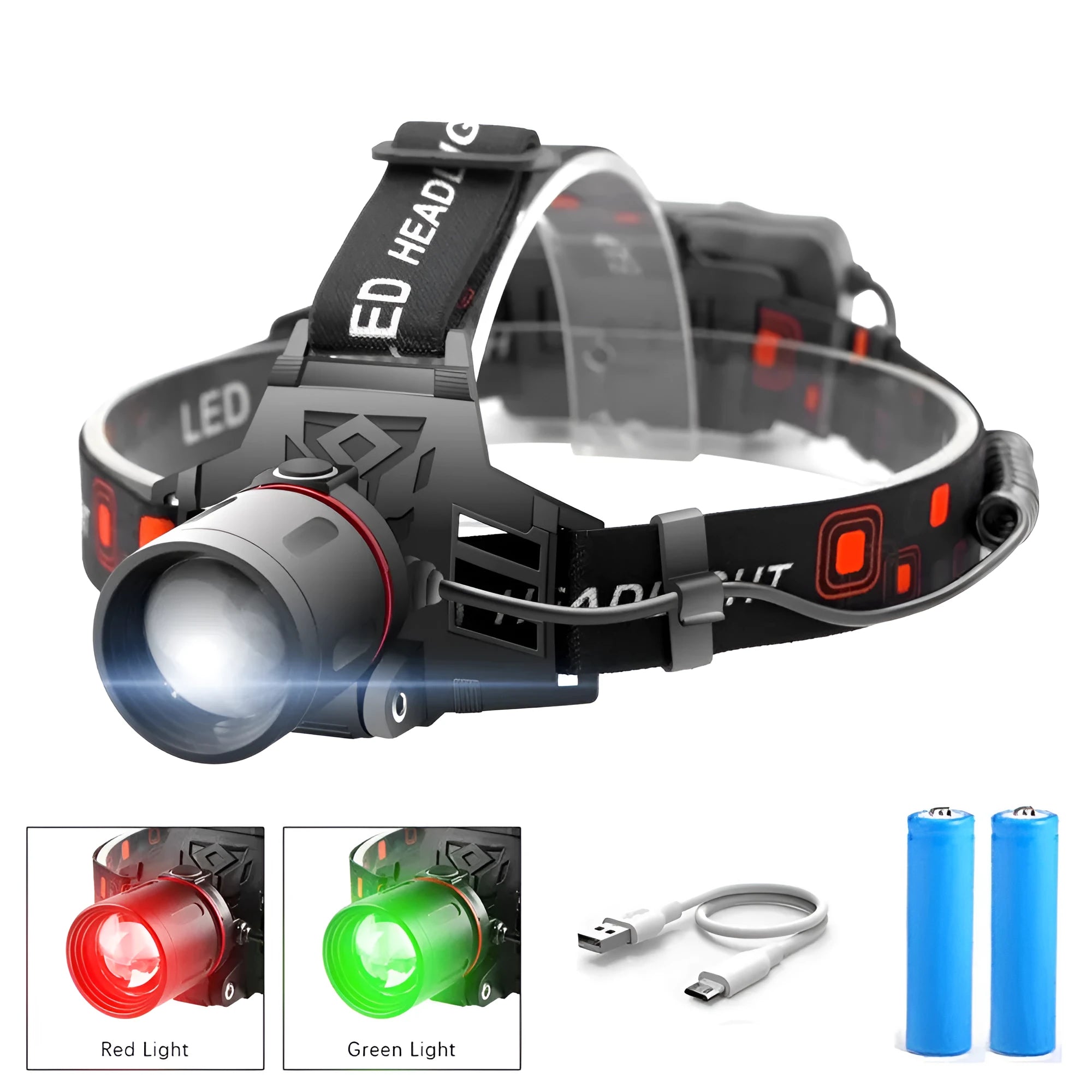 T6 LED headlamp showing white, red and green light modes with zoomable beam adjustment