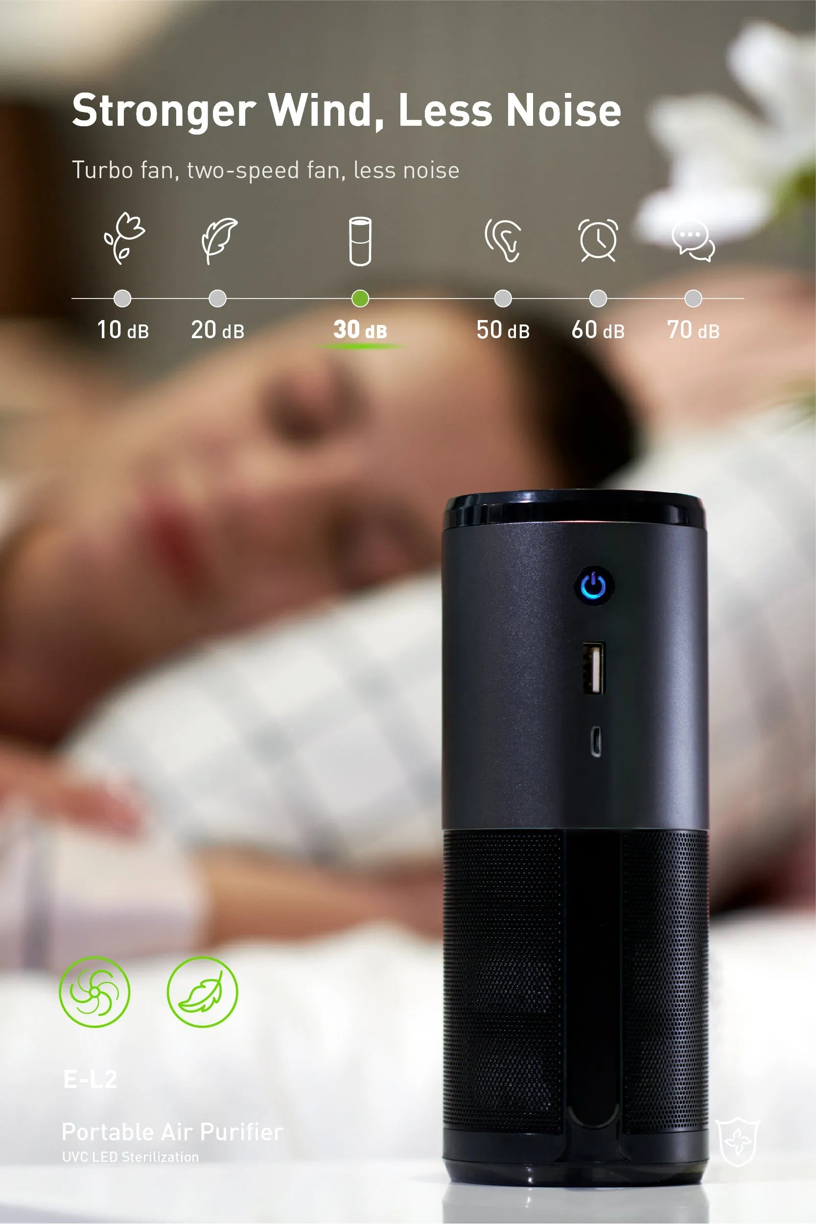 Black portable mini car air purifier with USB charging port on a metal body.