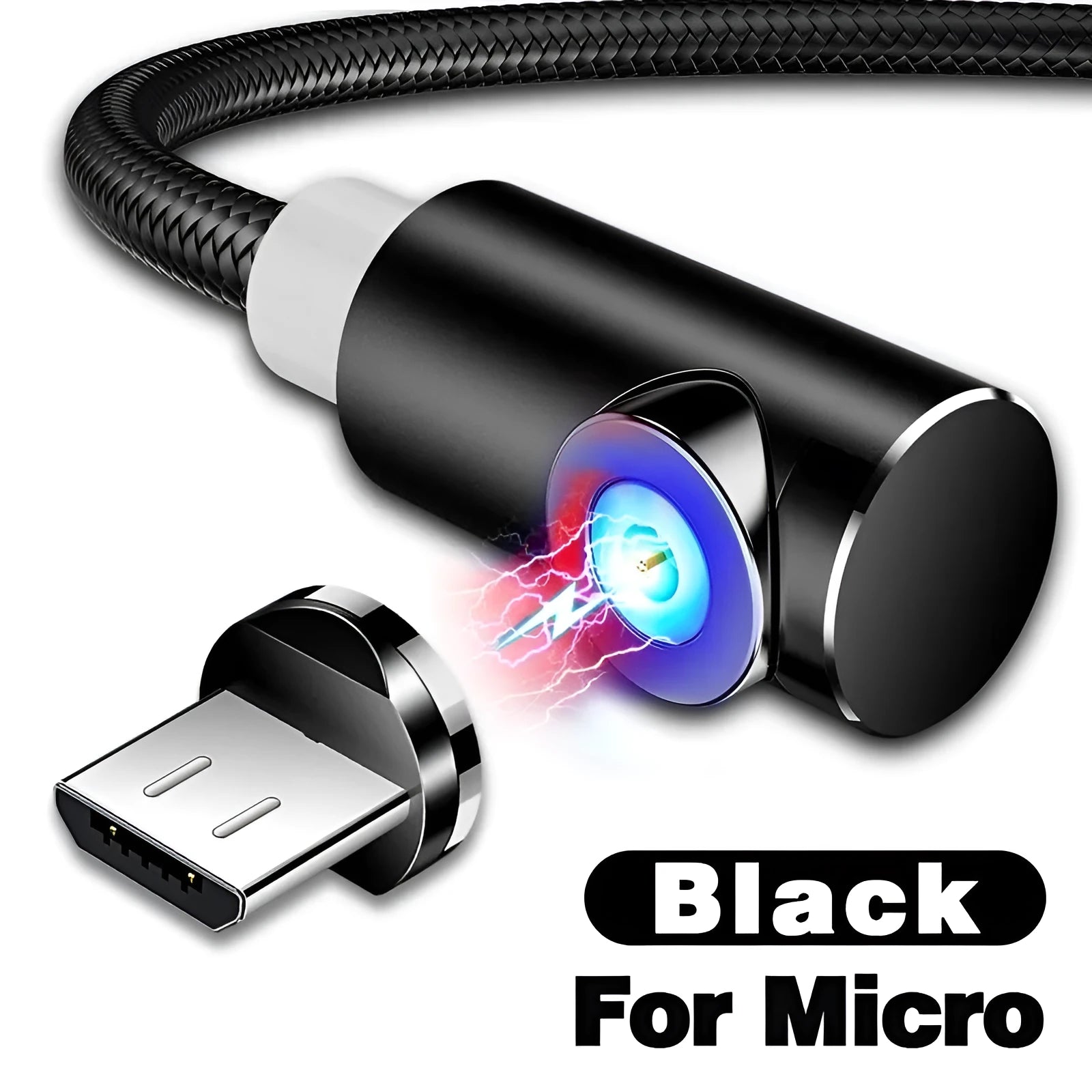 Black magnetic charging cable with aluminium housing and LED light indicator showing magnetic connectors