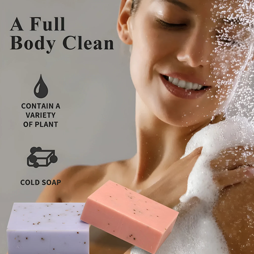 Handmade essential oil soap bar with frosted texture showing natural colour variations