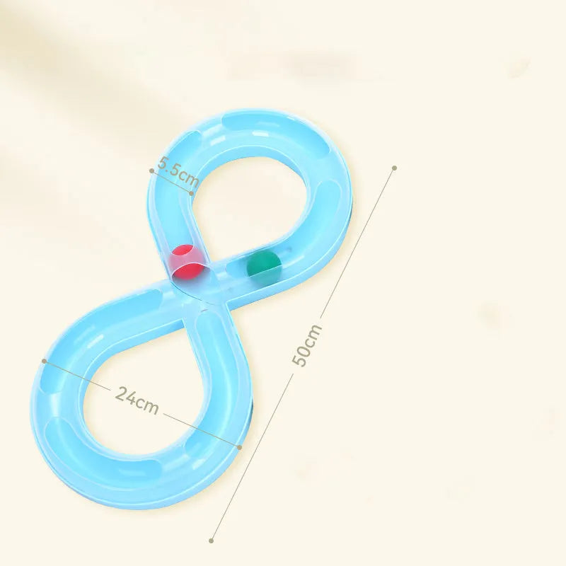 Blue and white circular cat turntable track with four spinning balls and teasing stick for feline play