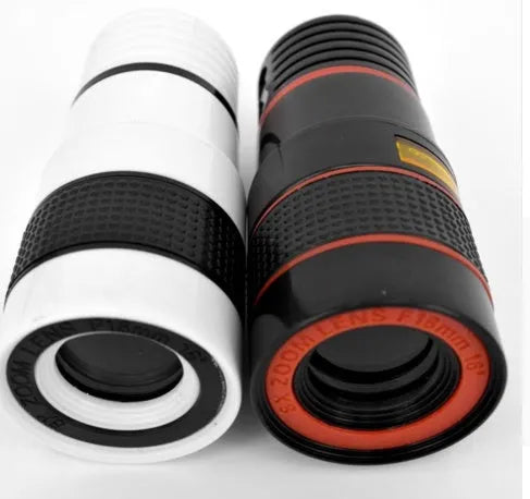 12X magnification black phone telescope with adjustable clip attached to a smartphone
