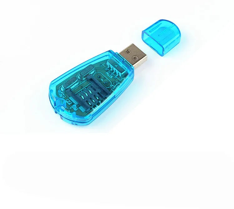 Blue USB mobile phone SIM card reader for data backup and editing on computer.