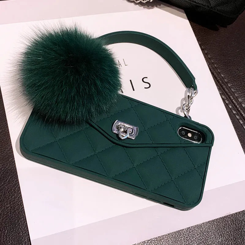 Dark green grid patterned TPU hairball phone case for iPhone, showing plush texture on back cover.