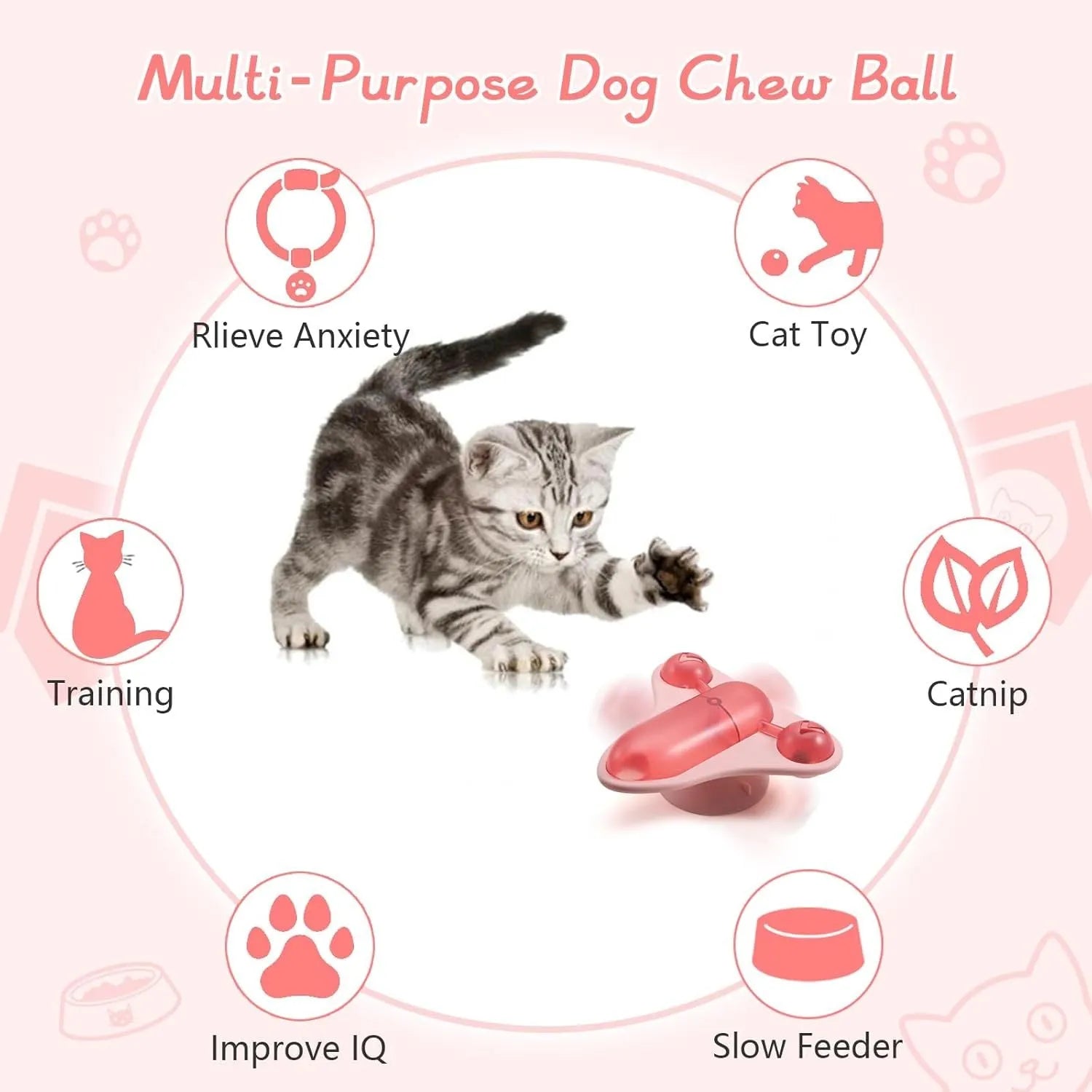 Blue interactive pet puzzle feeder toy with bell, catnip, and suction cup base on a floor.