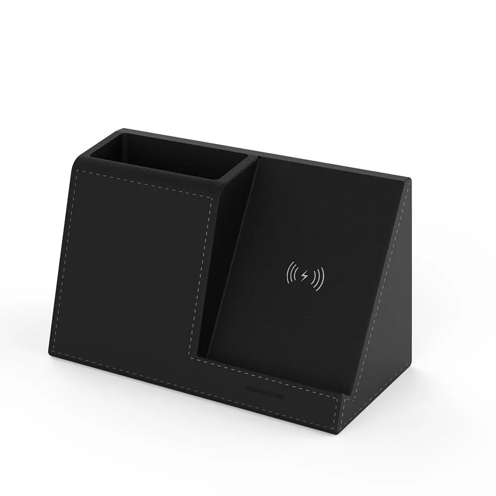 Leather pen holder wireless charger with phone charging on stand and pen storage compartments