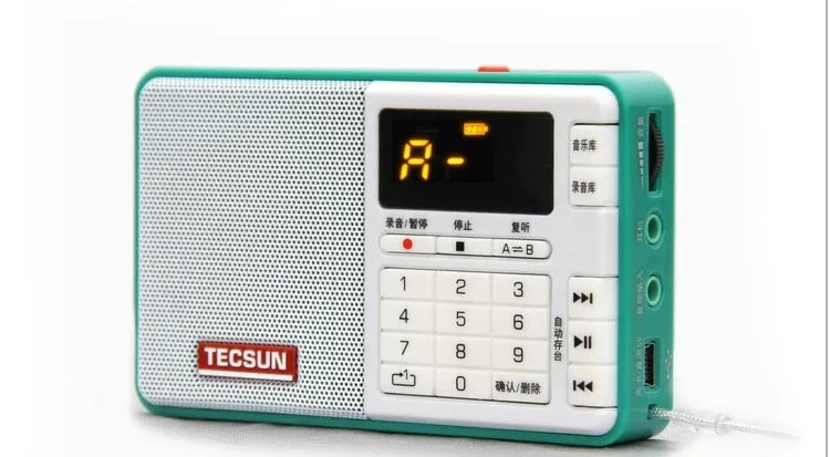 Tecsun Q3 portable digital audio player in one of six colours, showing front buttons and compact size.