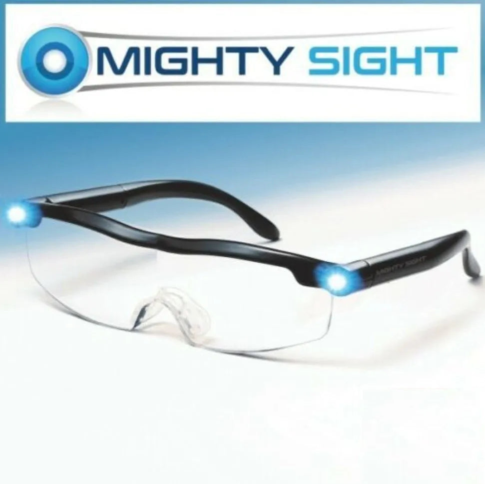 Transparent black USB LED reading light glasses with illuminated frames on a table.