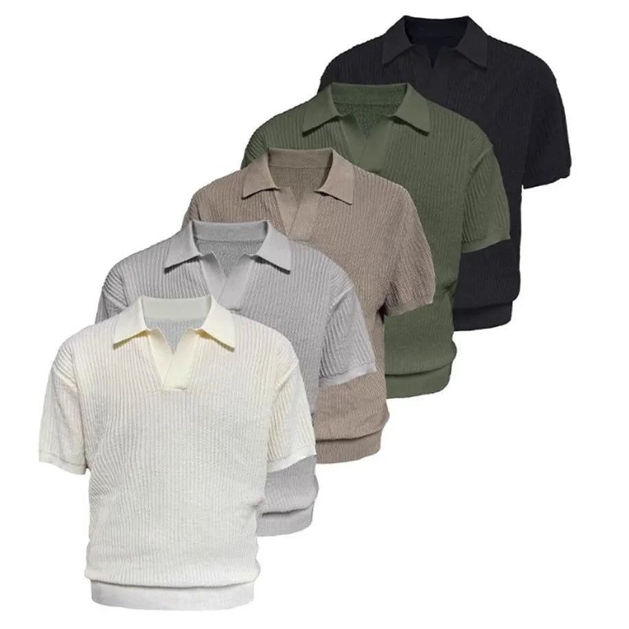 Men's business casual polo shirt in ice silk blend fabric available in creamy-white, black, and grey colours