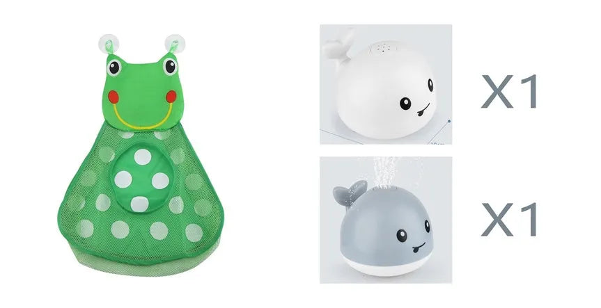 Electric whale-shaped baby bath toy with water spray, LED lights, and automatic water sensor