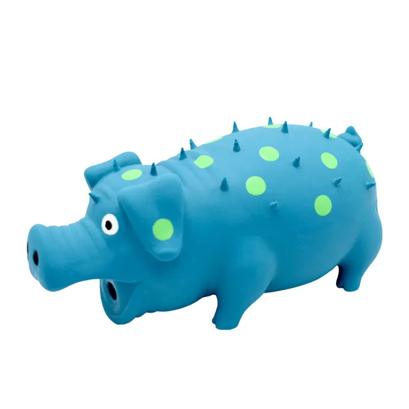 Latex pig-shaped squeaky dog chew toy with textured surface in assorted colours