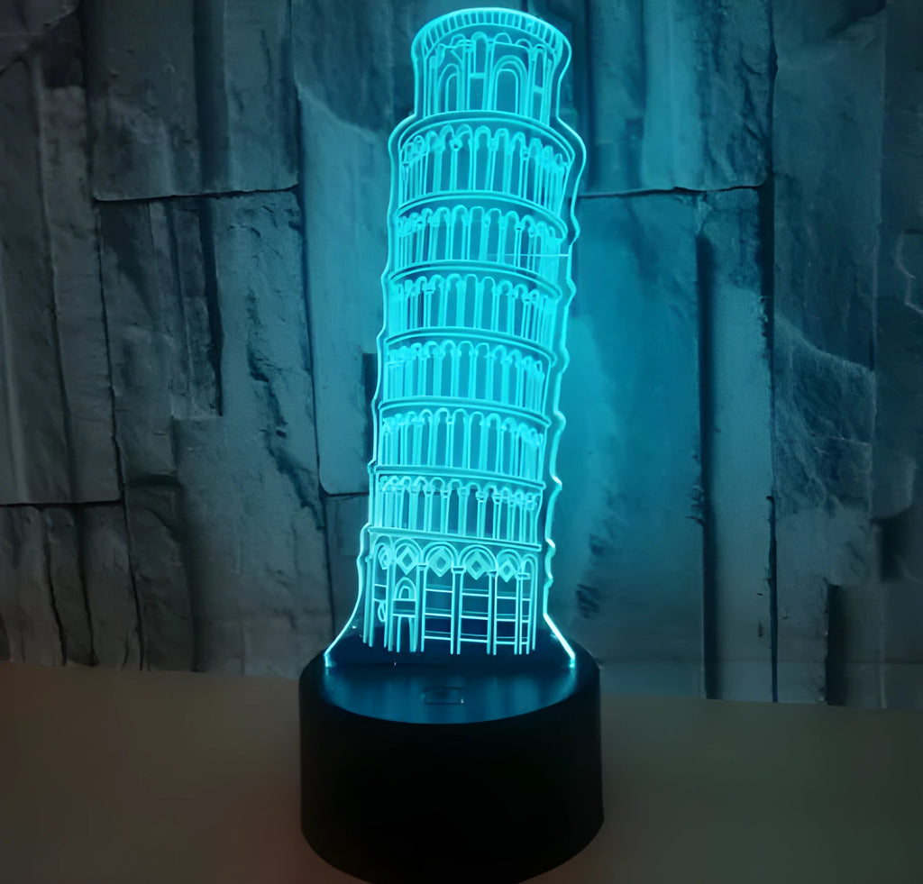 3D acrylic Leaning Tower of Pisa LED nightlight with seven colour lighting on black base