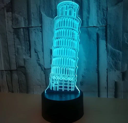 3D acrylic Leaning Tower of Pisa LED nightlight with seven colour lighting on black base