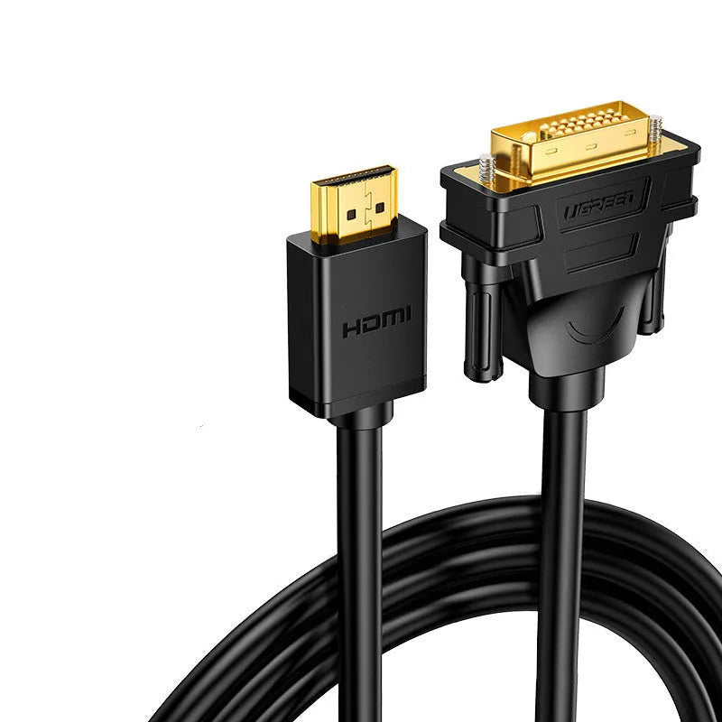 HDMI to HDMI cable adapter on a desk next to a laptop, showing length options from 1 to 3 metres.
