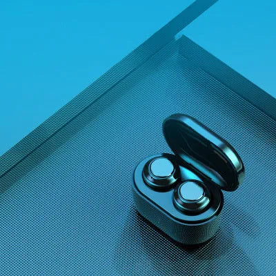 Black stereo Bluetooth wireless headset with earbuds.