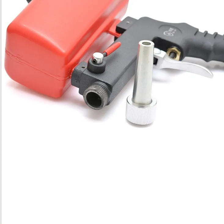 Portable gravity-fed pneumatic sandblasting gun with tank, shown in blue or black.