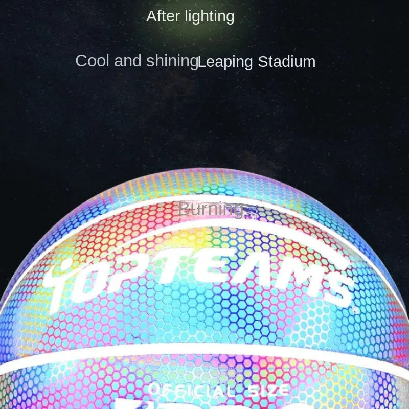 Holographic reflective basketball with fluorescent coating showing size 7 dimensions and wear-resistant PU surface