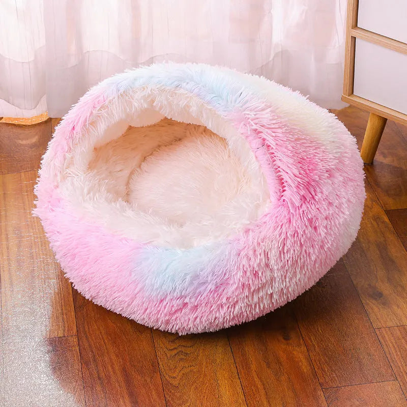 Semi-surrounded waterproof cloth dog kennel in a gradient colour, shown in a garden setting.
