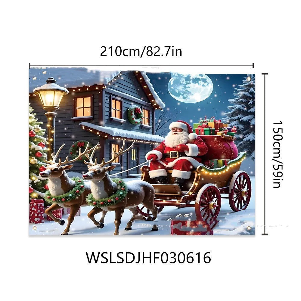 Christmas banner showing Santa Claus with gifts at night on 210x150 cm polyester fabric