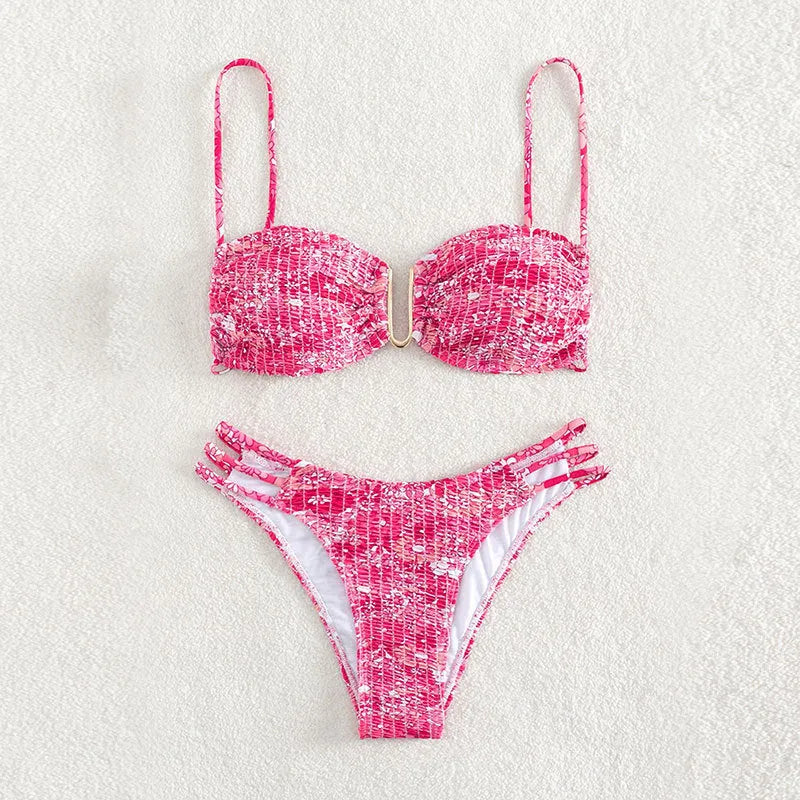 Women's floral bikini swimsuit with high-waisted briefs in blue, orange, pink, or rose red colours