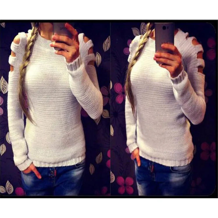 Women's white knitted pullover shirt with a crocheted hollow-out pattern and round neck.