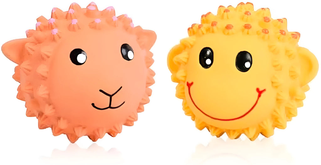 Orange or yellow spiky lamb or monkey latex squeaky dog toy for small medium breeds.