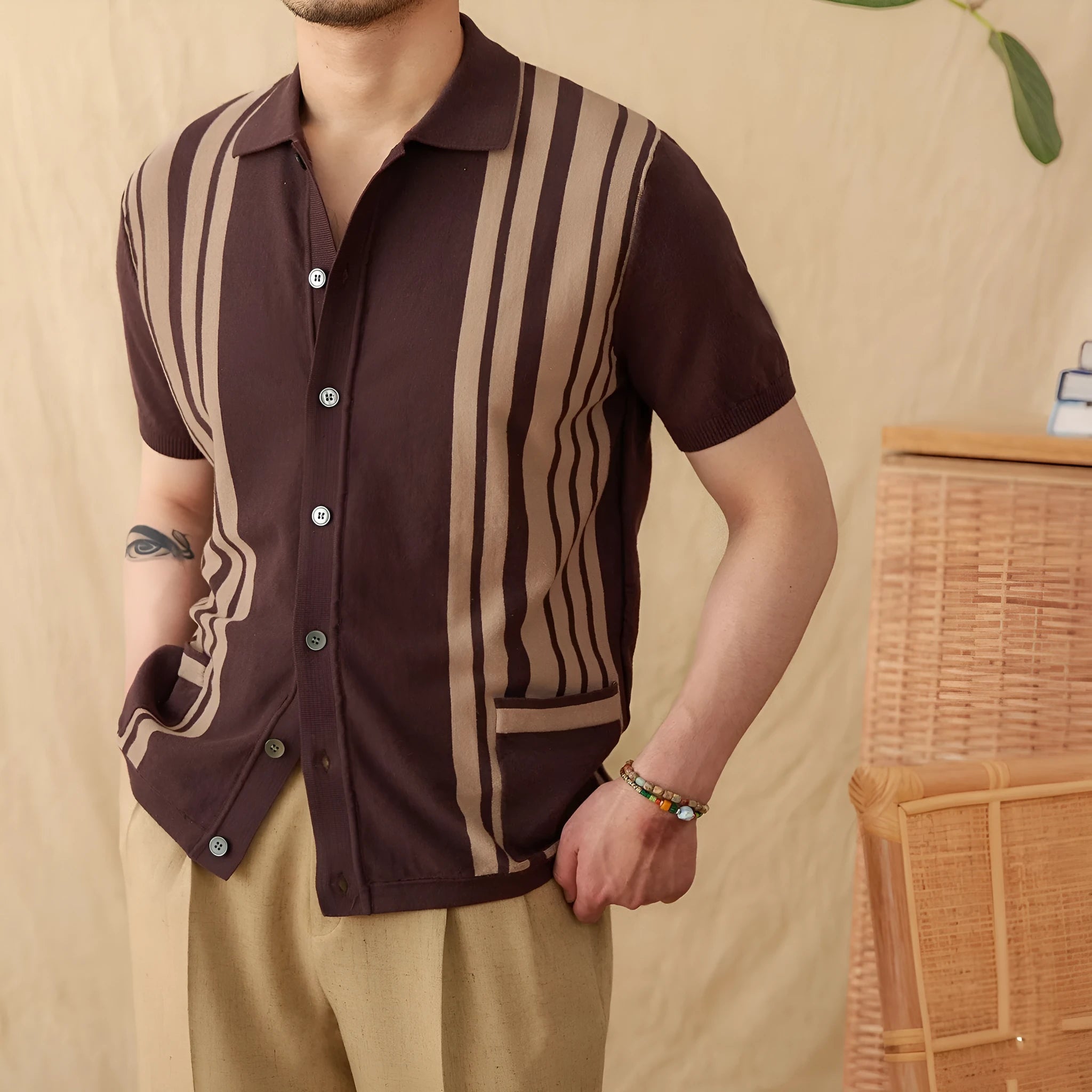 Cotton striped short-sleeved cardigan polo shirt with lapel collar in royal blue