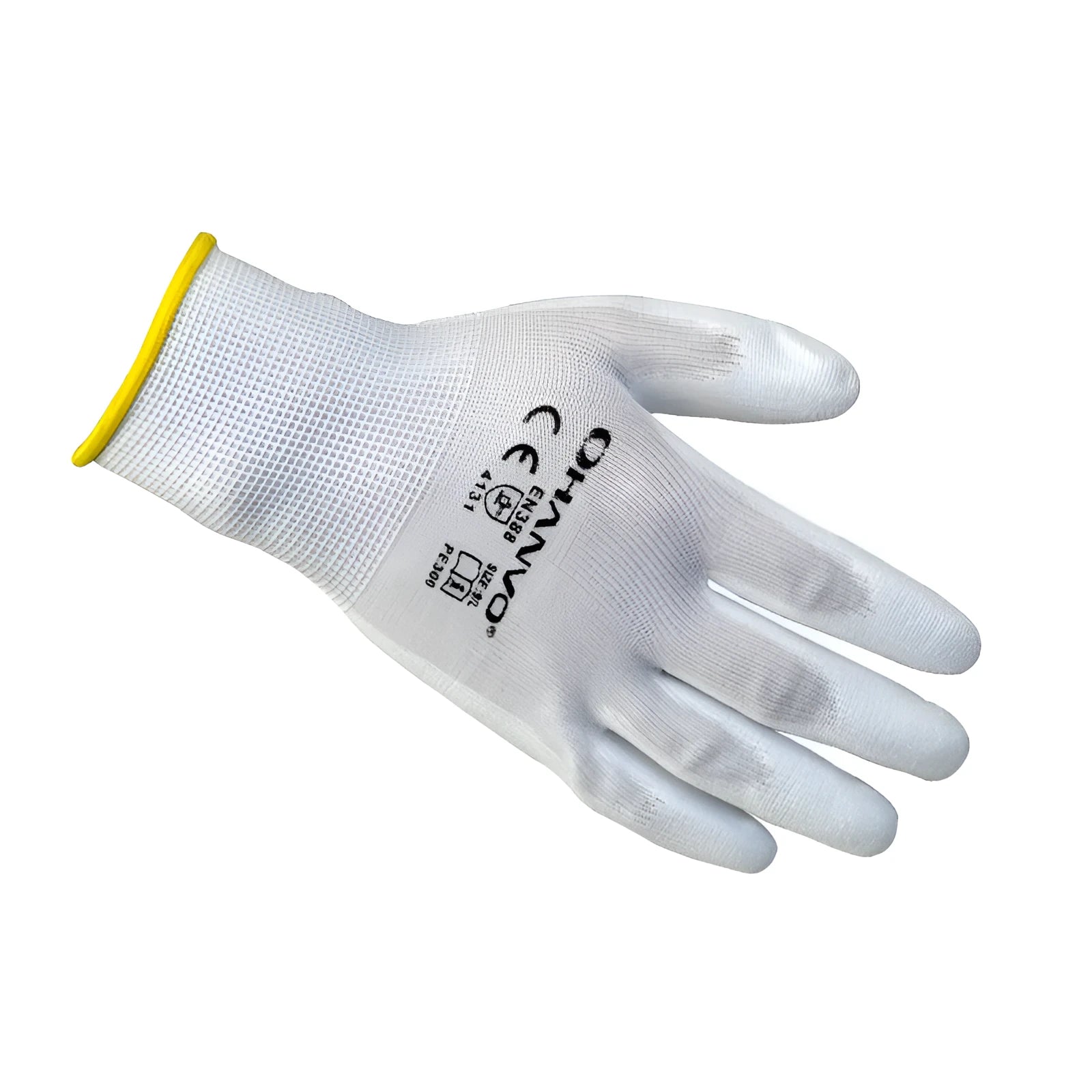 White PU-coated labour gloves showing flexible construction and 24 cm length