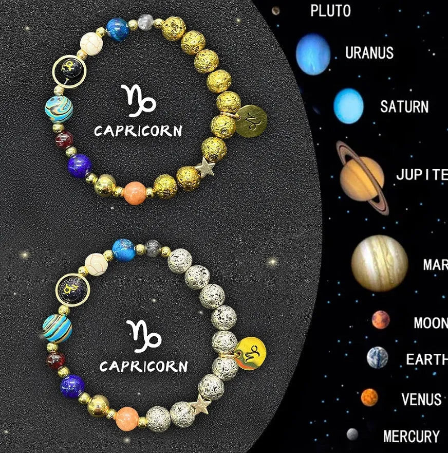 Set of two natural stone beaded bracelets with twelve different zodiac sign designs.