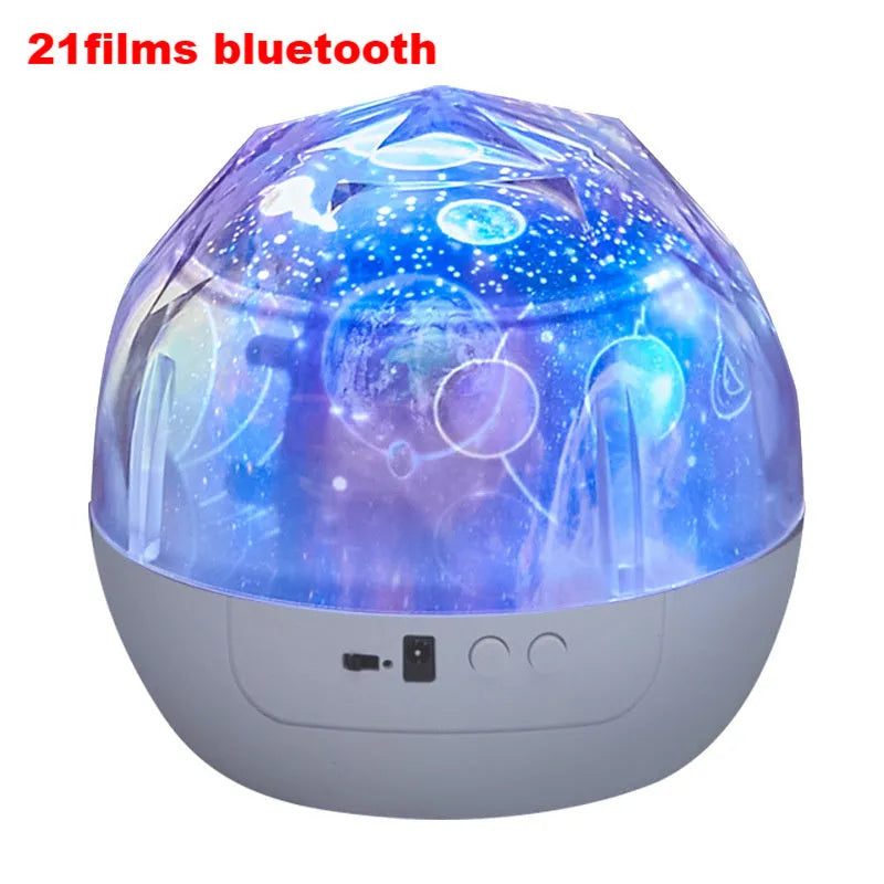 Bluetooth starry sky projector lamp with plastic shade showing cosmic projection