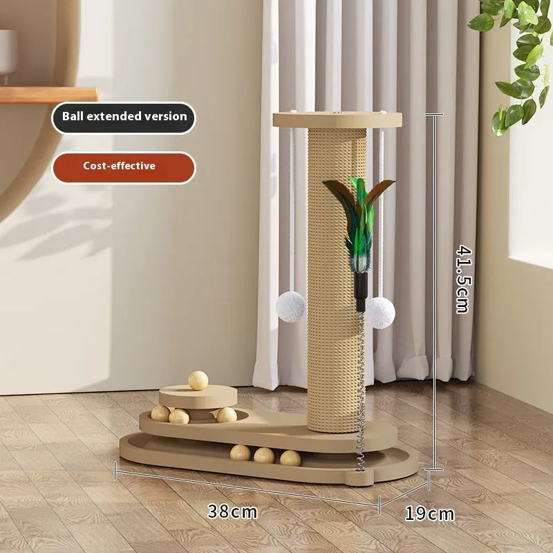 Solid wood cat scratching post with a central turntable, shown in a basic large flower style.