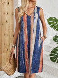 V-neck sleeveless dress with colour-block striped pattern in midi length