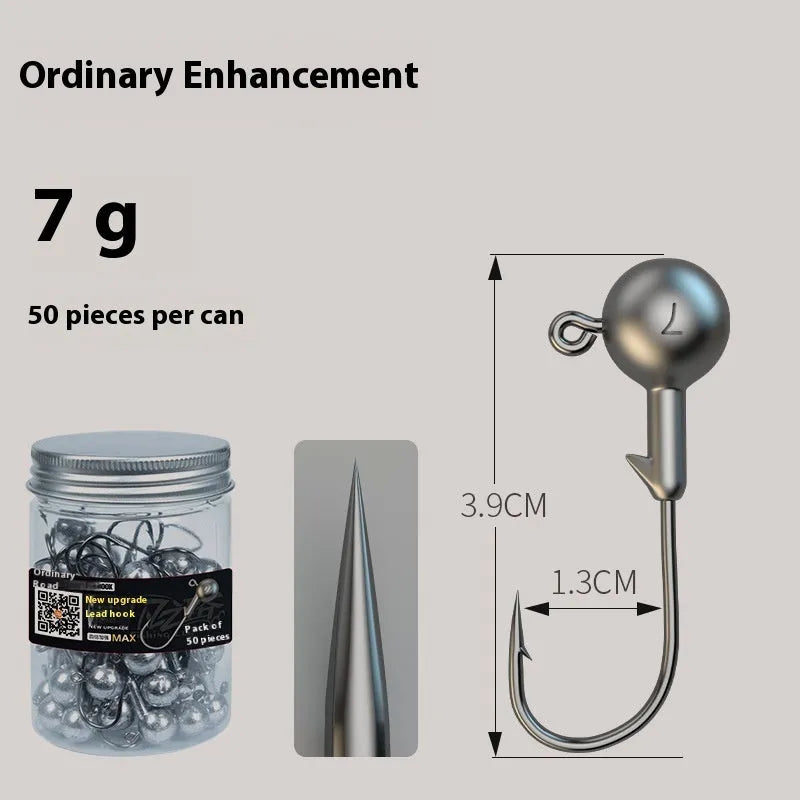 50-piece pack of steel jig fishing hooks with lead heads in three construction types including enhanced strength version