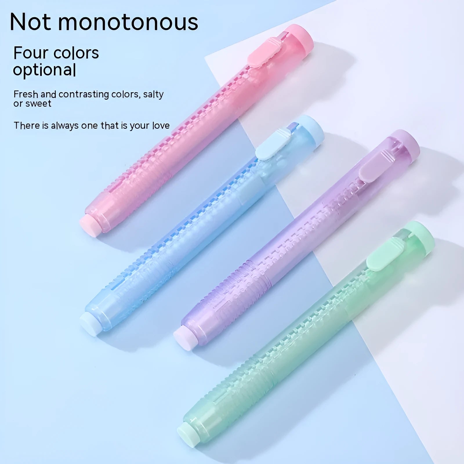 Push type children's automatic eraser in blue, green, pink, and purple colour options