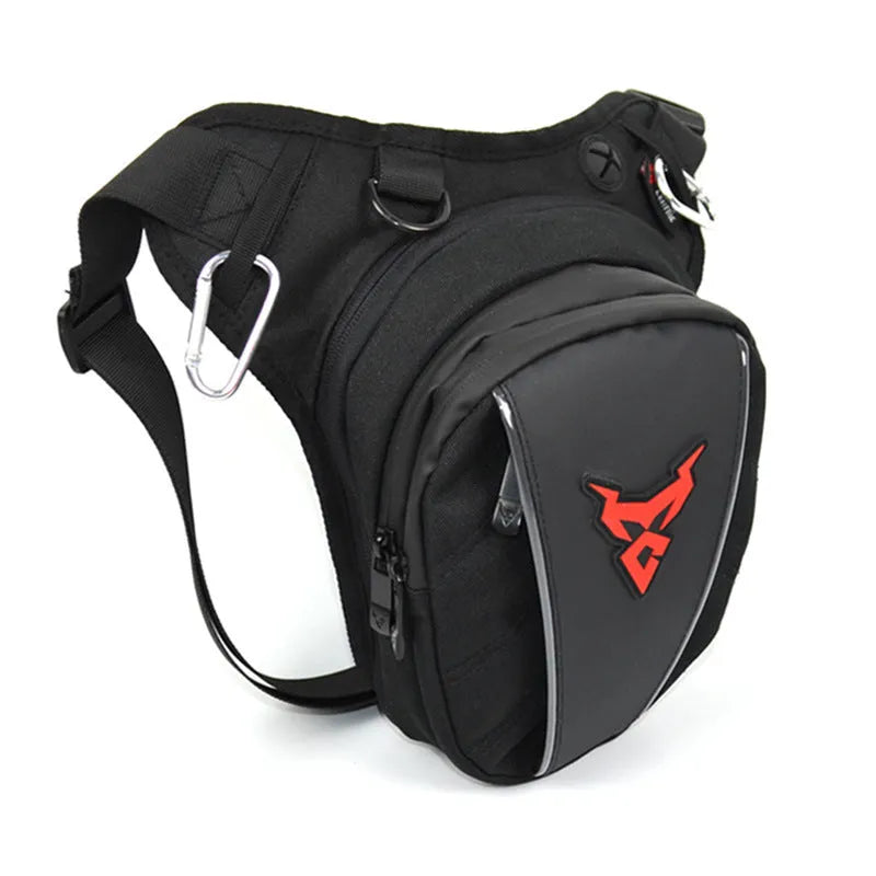 0105MC motorcycle riding leg bag in 1200D Oxford cloth shown in red, blue, green, and grey colour options.