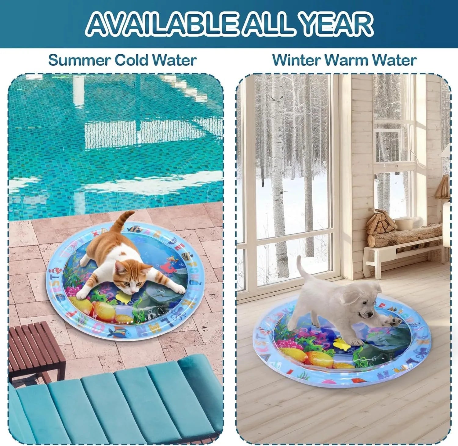 Large square blue water sensory playmat for cats on a floor, showing floating fish toys inside.