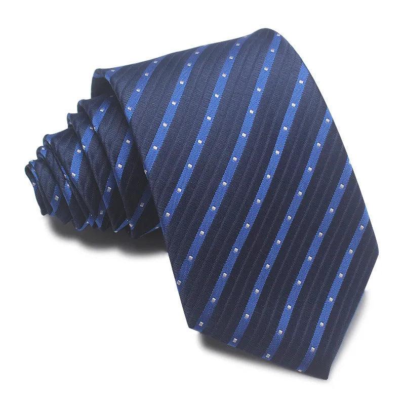 Men's red, black, and blue striped jacquard tie with an arrow shape and 8cm width.