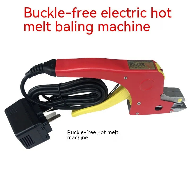 Portable electric hot melt packing machine with plastic steel tensioner and roll of yellow packaging tape.