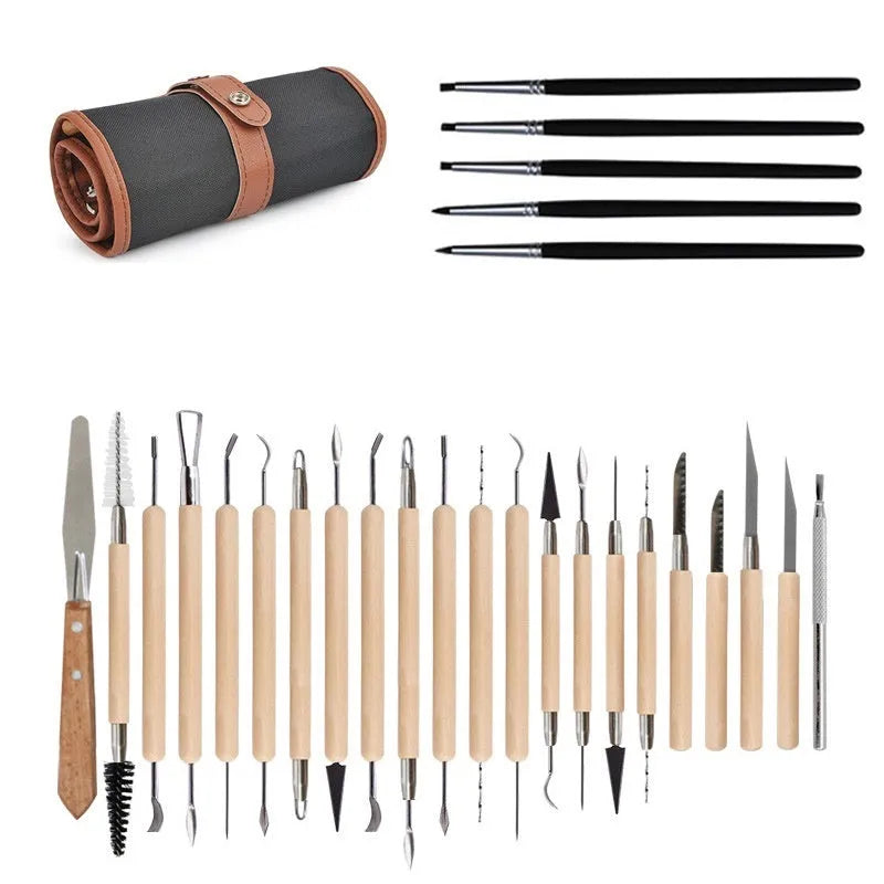 27-piece pottery tool set with stainless steel, wood, and plastic tools organised in a brown roll package.