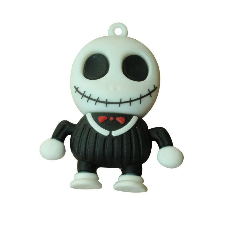 Halloween skeleton skull design USB flash drive with a small metal attachment chain.