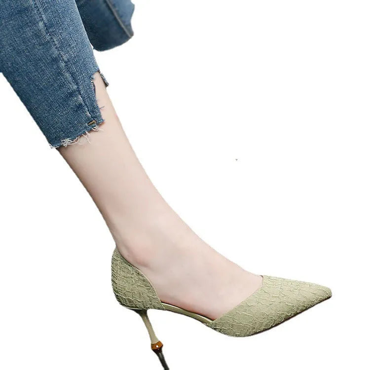 Women's black pointed-toe stiletto high-heel shoes with a PU leather upper and 6-8 cm heel