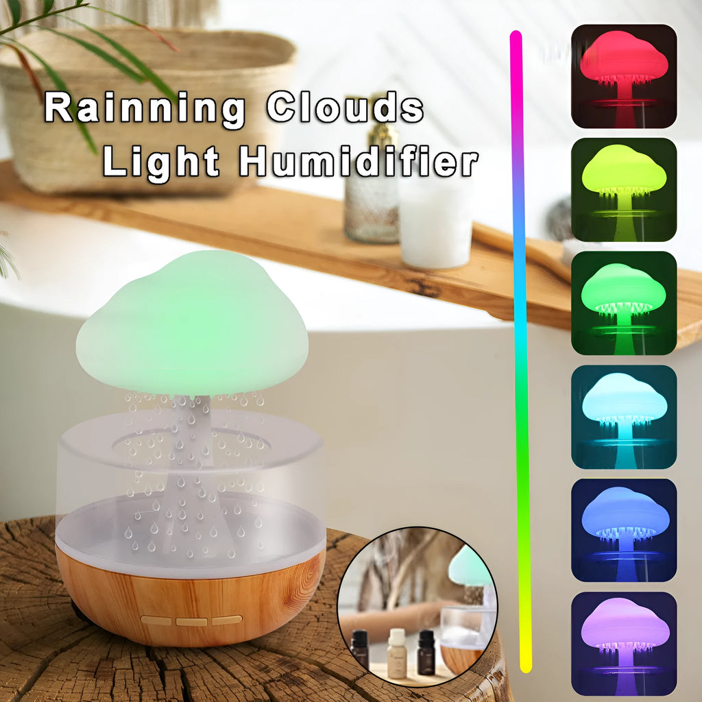 White raining cloud shaped humidifier with flowing water display and colourful LED lights