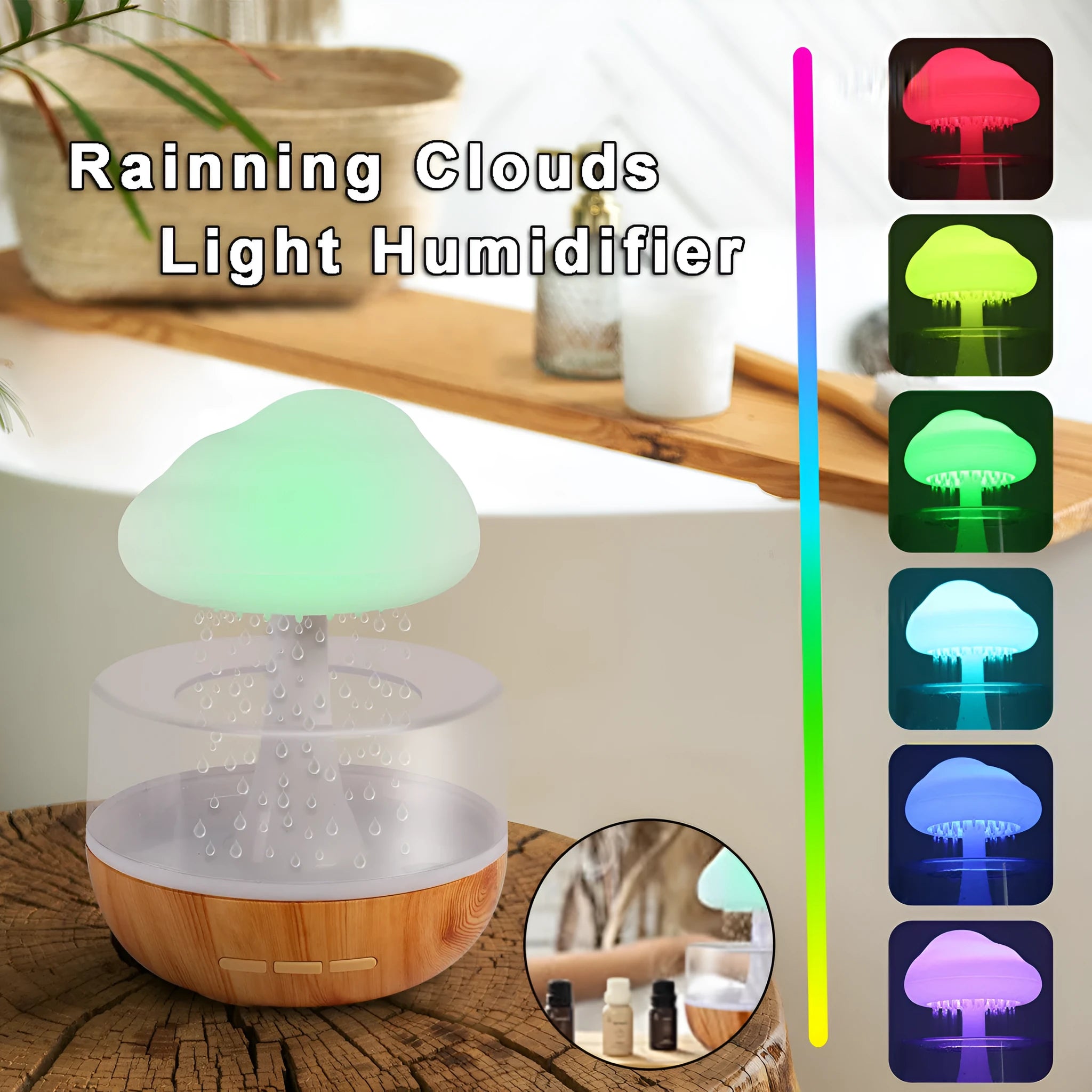 White raining cloud shaped humidifier with flowing water display and colourful LED lights