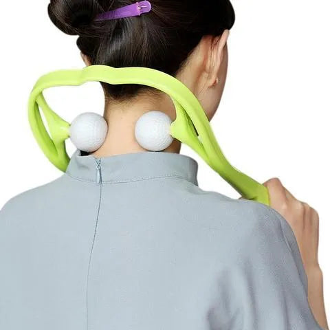 Blue handheld neck and shoulder massager with 3D floating-point heads and an adjustable plastic stand.
