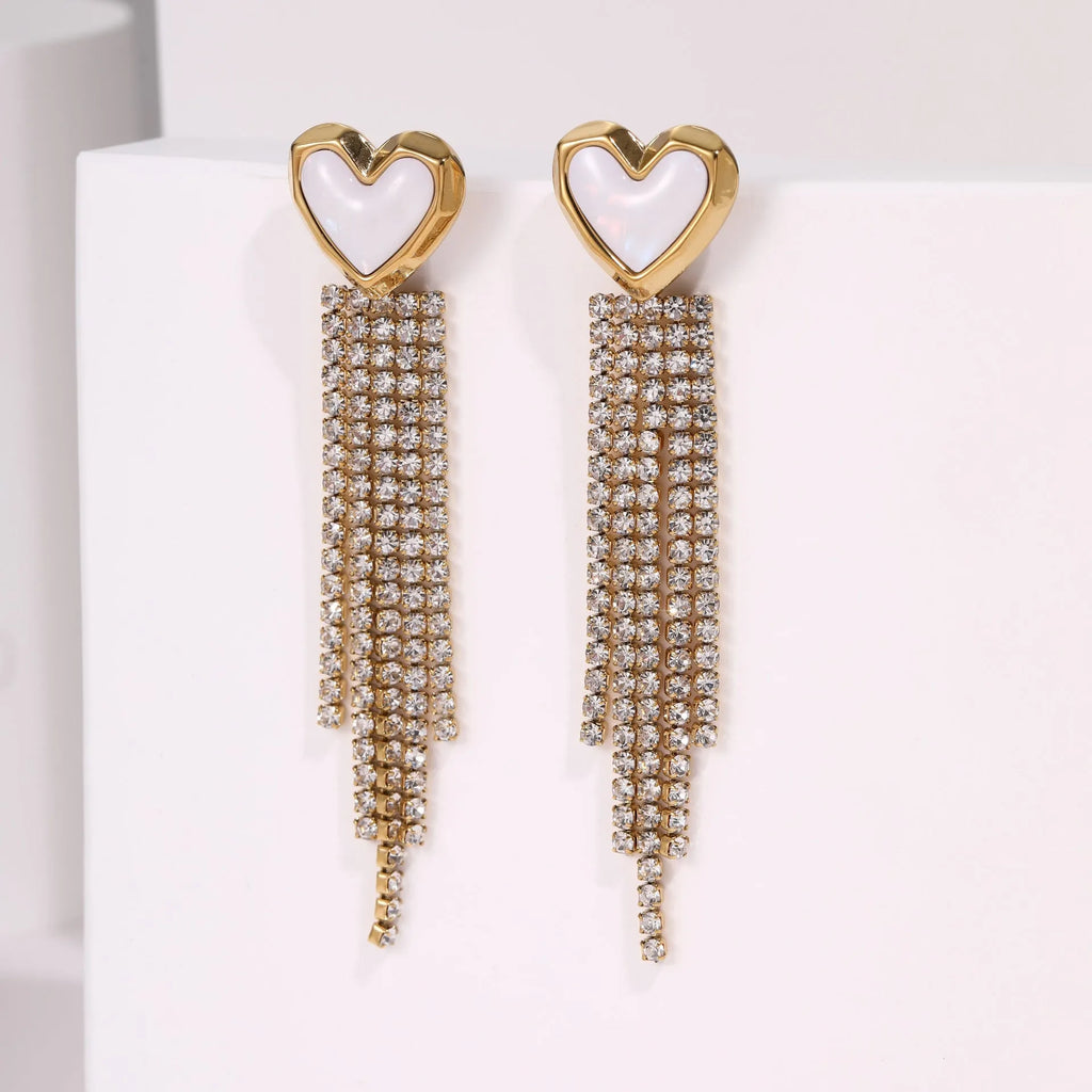 Stainless steel heart and star earrings with diamond tassel design and 18K gold electroplating