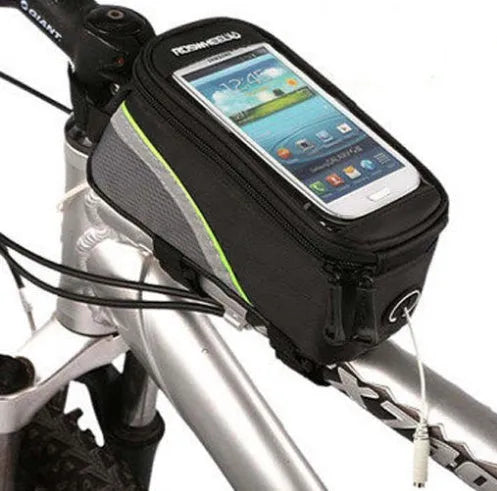 ROSWHEEL black PVC bicycle frame bag mounted on a bike, holding a mobile phone.