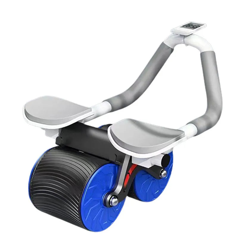 Black and blue automatic rebound abdominal exercise wheel on a matching grey blue locking edge yoga mat.