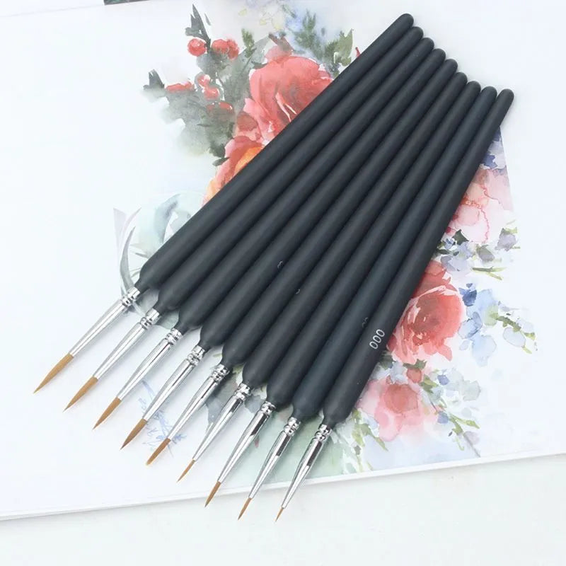 9-piece fine tip detail brush set with wood handles in black and red, nine nib sizes 000-6 for nail art and painting