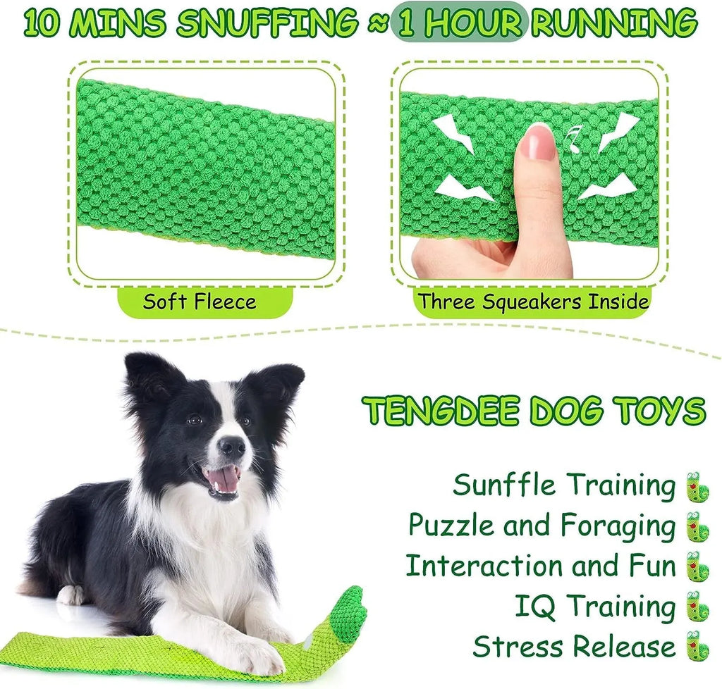 Squeaky dog puzzle snuffle toy that transforms into snail or stick shape for foraging games.